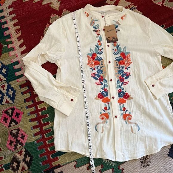 Manly/Unisex Casual Cream and Red Embroidered Button Down Shirt NWT! - Picture 10 of 13